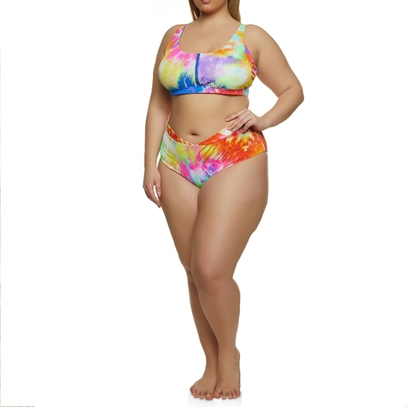 SEXY ☆ RAINBOW TIE DYE ZIP FRONT ☆ CAGED RIBBED BIKINI ☆ NWT - Picture 2 of 12